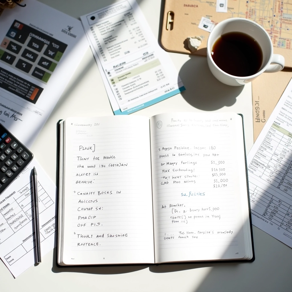 GigFlow Editorial Team workspace with research materials, notebooks, and financial documents on a clean desk