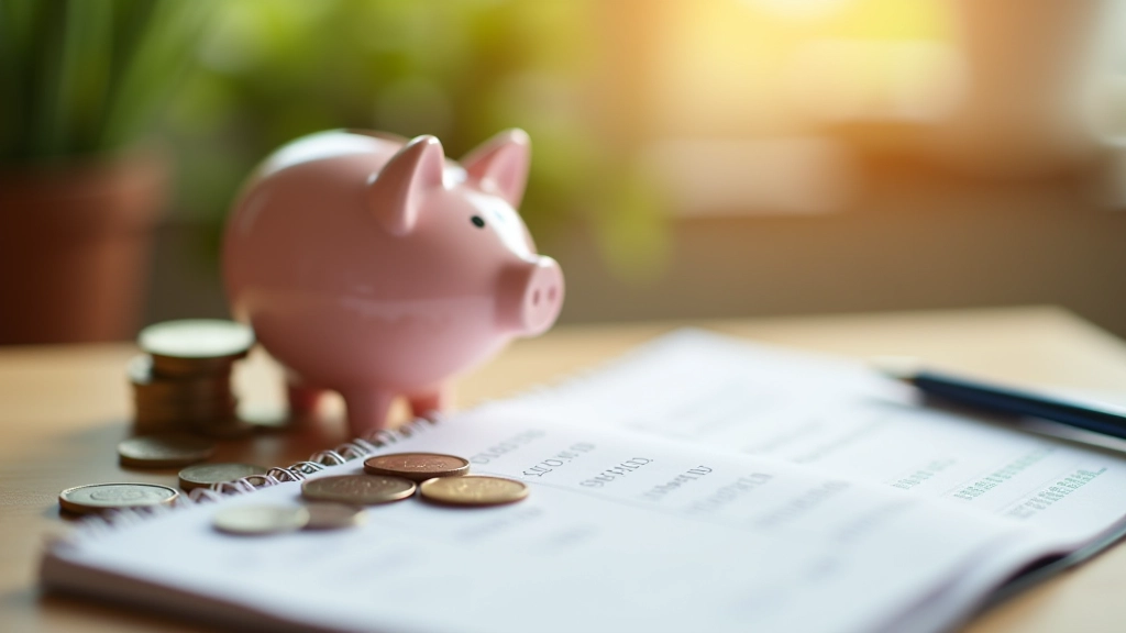 Ceramic piggy bank with coins stacked nearby on wooden surface, representing tax savings