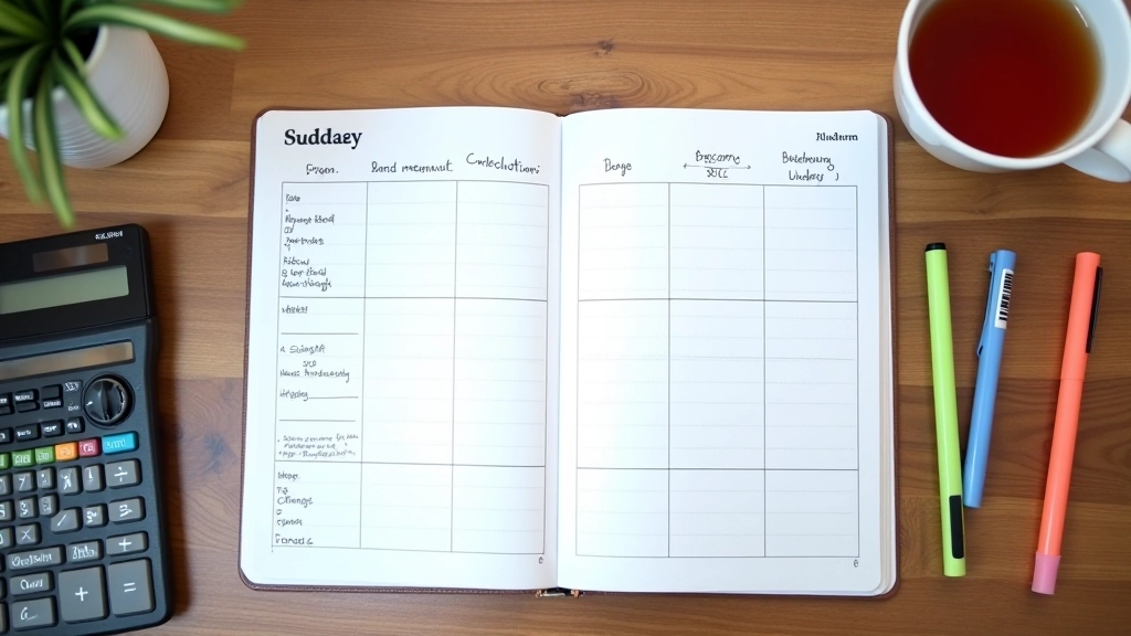 Monthly budget planner spread open showing income sources, expense categories, and cash flow projections for a freelancer