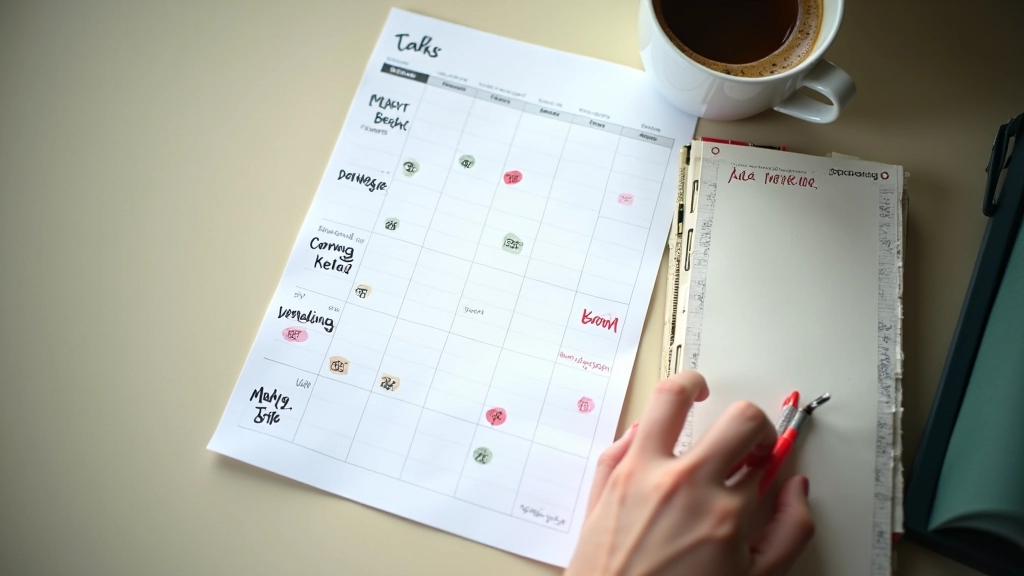 Overhead view of wall calendar showing tax deadlines and payment dates highlighted in different colors